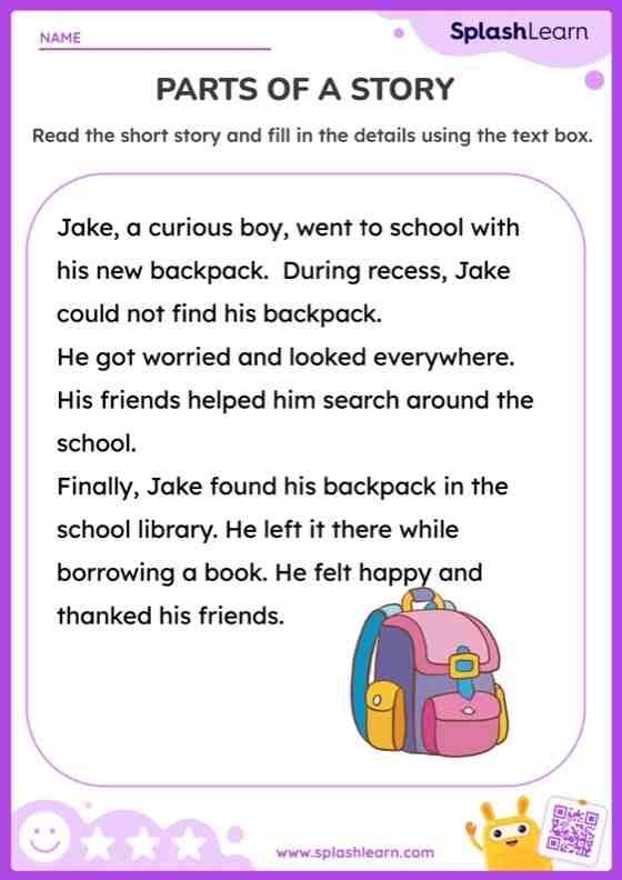 Third grade student sorting various story elements into categories on a printed phonics worksheet