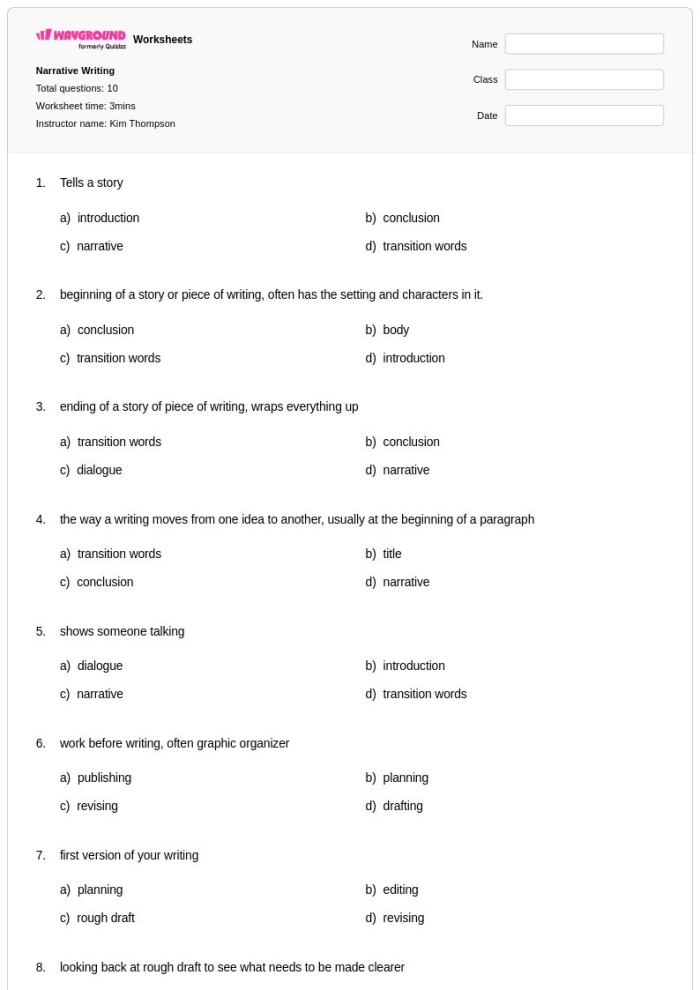 What is a Narrative Kinds of Narratives Worksheet 4 Third grade students filling out a narrative genre map worksheet about different storytelling types