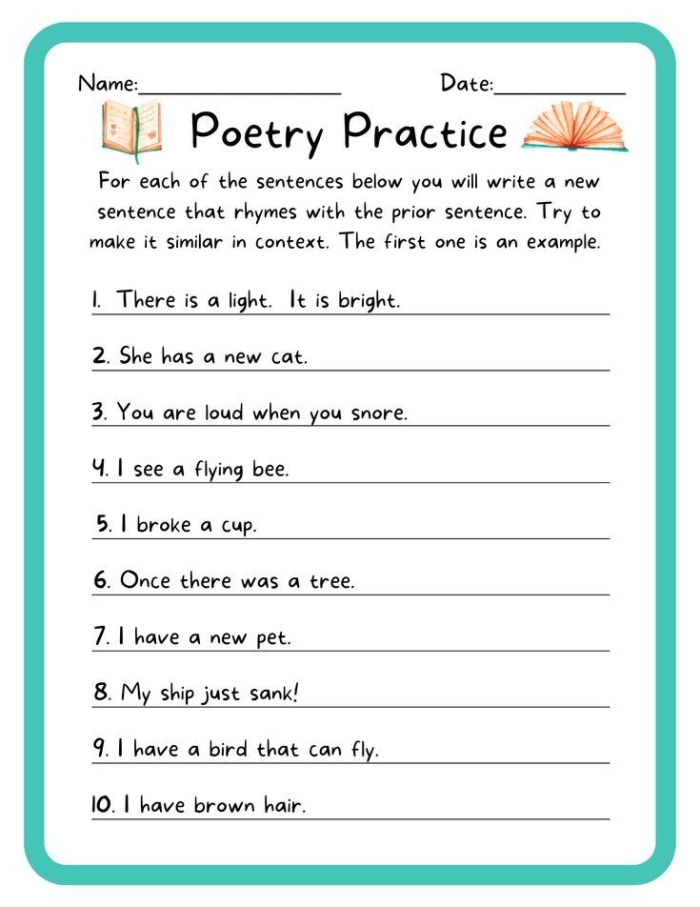 Third graders learning to read and write narrative poetry with guided examples and creative writing prompts on an educational worksheet