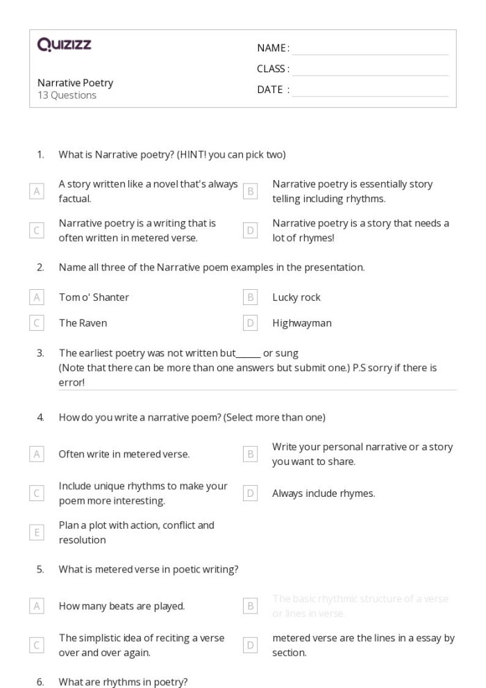 Third grade students learning narrative poetry with worksheet examples and writing prompts for creating original poems