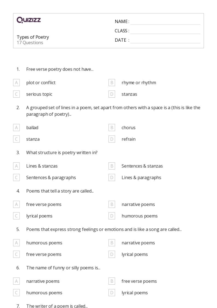 Third grade students learning narrative poetry with writing prompts and examples on worksheet 20