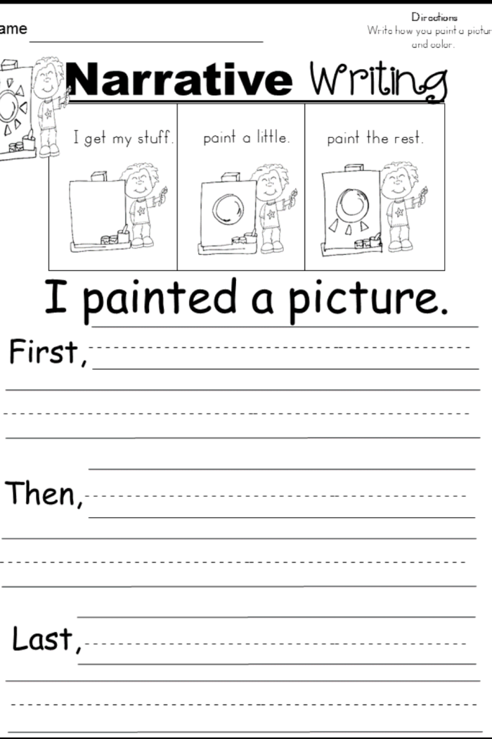 First grade student using a narrative writing prompt worksheet to practice storytelling