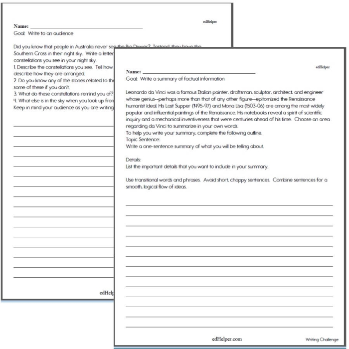 Sixth grade worksheet featuring narrative passages and exercises on selecting the best transition words