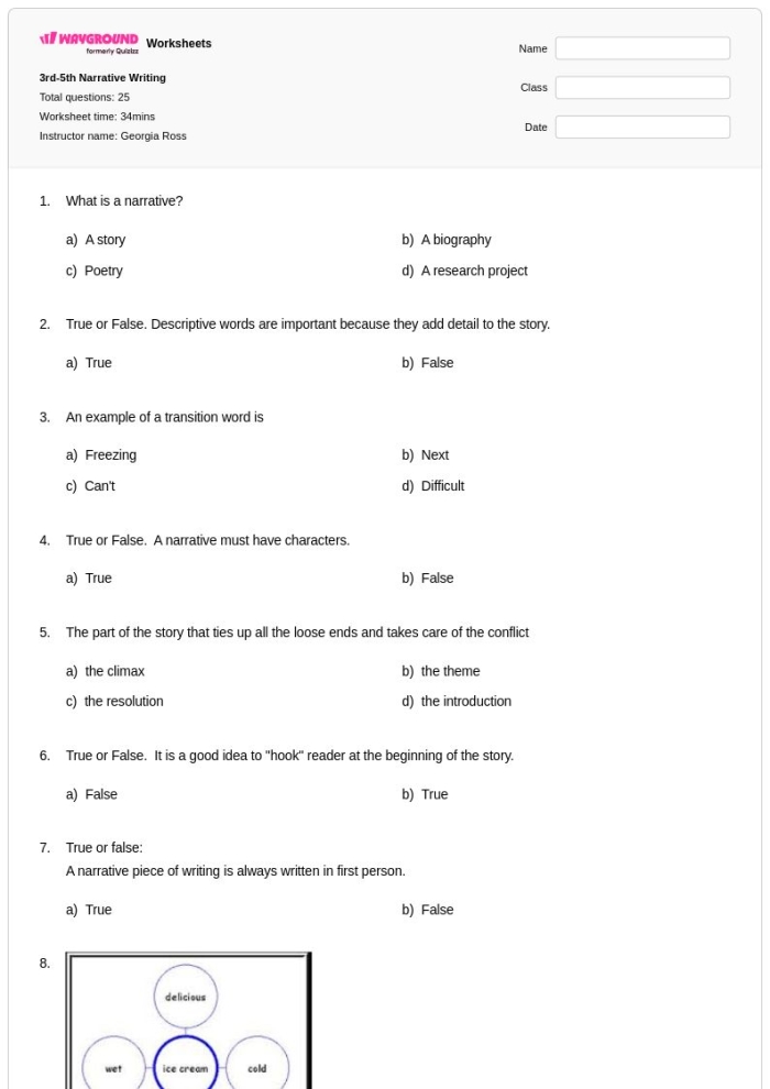 Sixth grade worksheet featuring narrative passages and transition word selection exercises