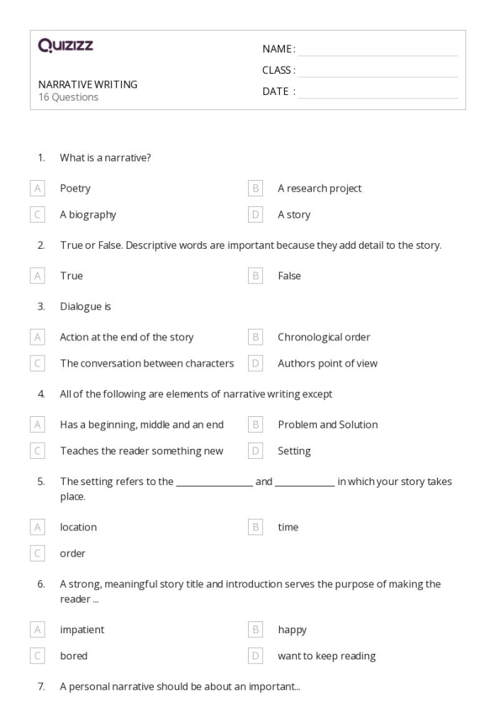 Standards-based evaluation tool for narrative writing in sixth grade Narrative Writing Rubric for 6th grade worksheet assessing student skills