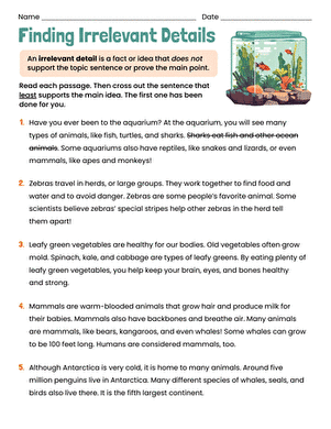 Practice worksheet for narrative writing skills focusing on editing irrelevant information from a story passage Sixth grade student worksheet showing narrative writing exercises with sentences highlighted for removing unnecessary story details