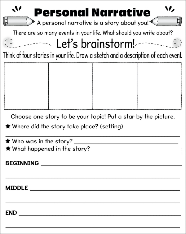 A second grade worksheet template with prompts and lines to help students plan and write a personal narrative story