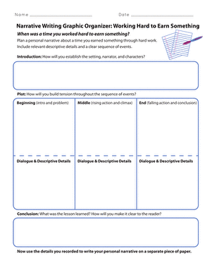 Young students using a graphic organizer to plan their narrative writing about earning rewards. Narrative Writing Graphic Organizer for Sixth Grade: Working Hard to Earn Something Worksheet.