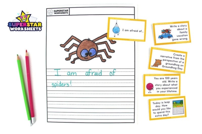 Interactive worksheet for first graders focusing on narrative writing prompts