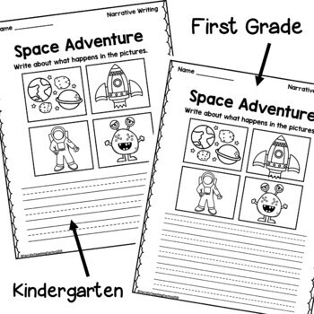 First grade students engaging with a narrative writing prompt worksheet. Narrative Writing Prompt Worksheet for Kids - Image 3.
