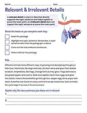 Narrative Writing Exercise 24: Identifying Unnecessary Details in Story Passages Sixth-grade student worksheet showing a narrative passage with highlighted sentences that don't belong to the main story plot