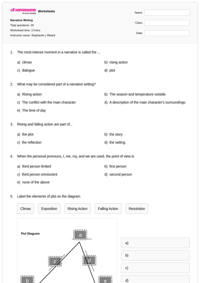 Standards-based rubric worksheet for narrative writing evaluation Narrative Writing Rubric for 6th grade students assessing writing skills