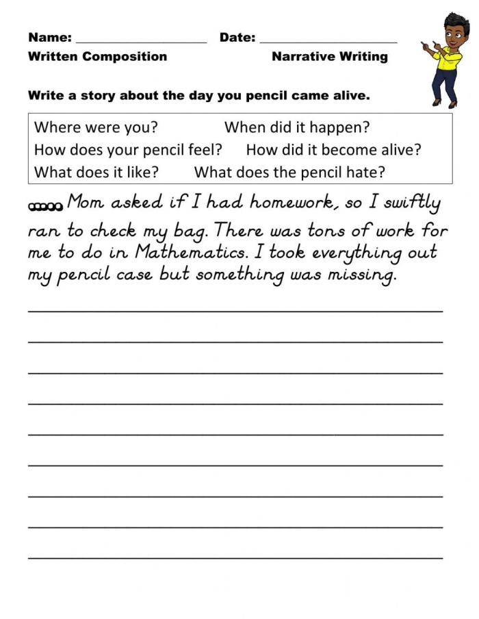 First grade students engaging with a narrative writing prompt worksheet