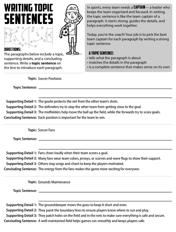 Second grade students working on a Topic Sentence worksheet focused on narrative writing skills. Engaging activity for identifying topic sentences, supporting details, and conclusions.