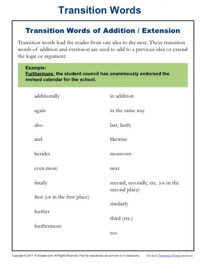 Worksheet featuring transition words for narrative writing practice in sixth grade