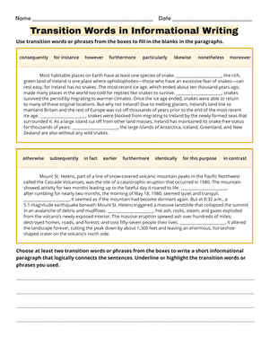 Sixth grade worksheet on transition words for narrative writing exercises