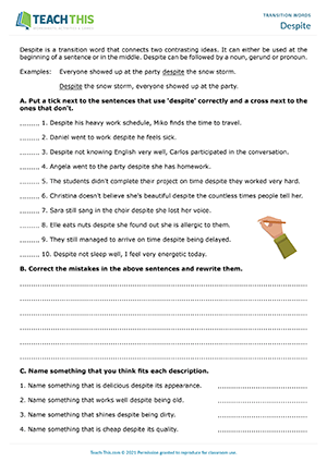 Transition Words in Narrative Writing worksheet for sixth graders focusing on connecting ideas