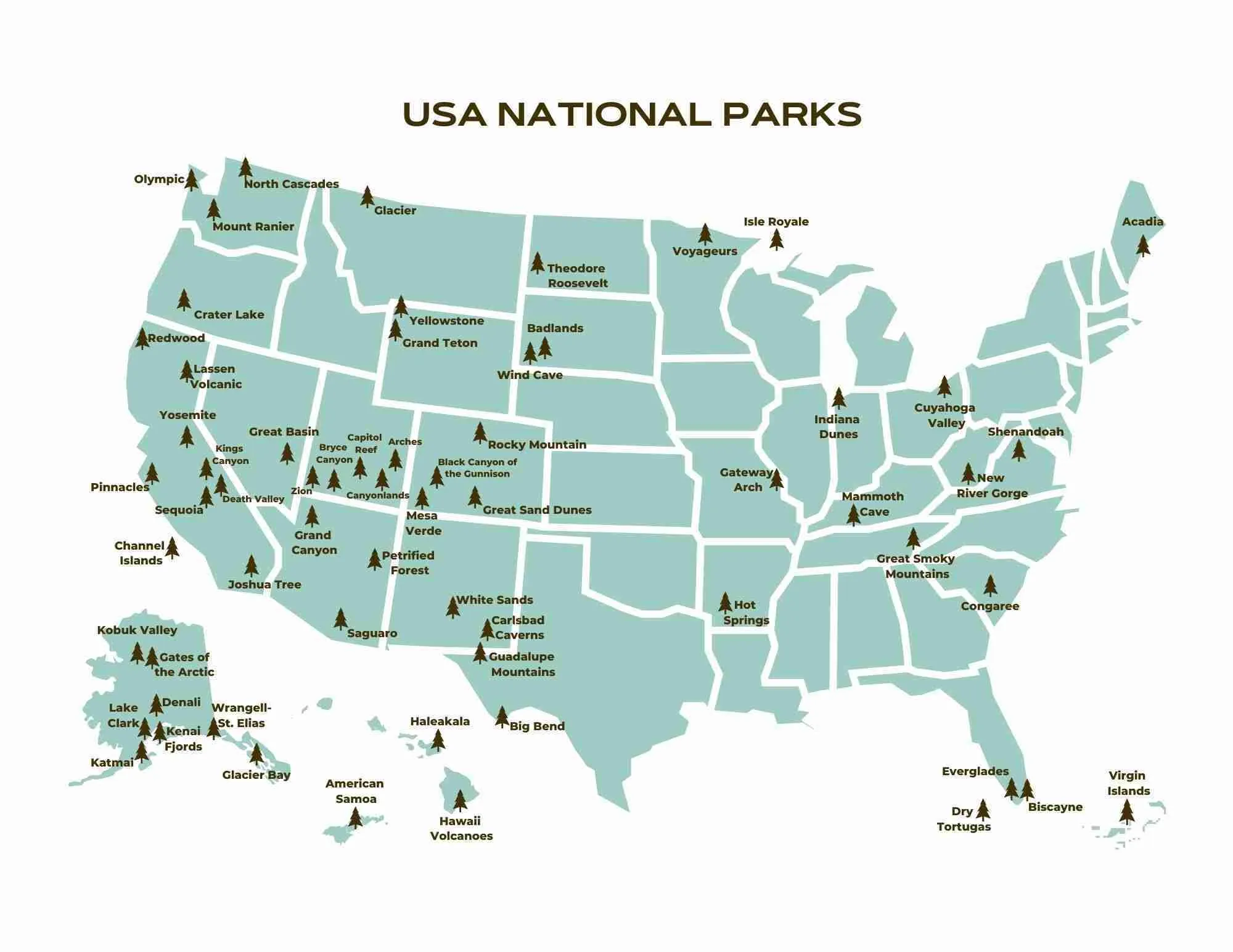 A colorful map of the United States showing the locations of national parks across all 50 states for second grade students to explore and learn about geography