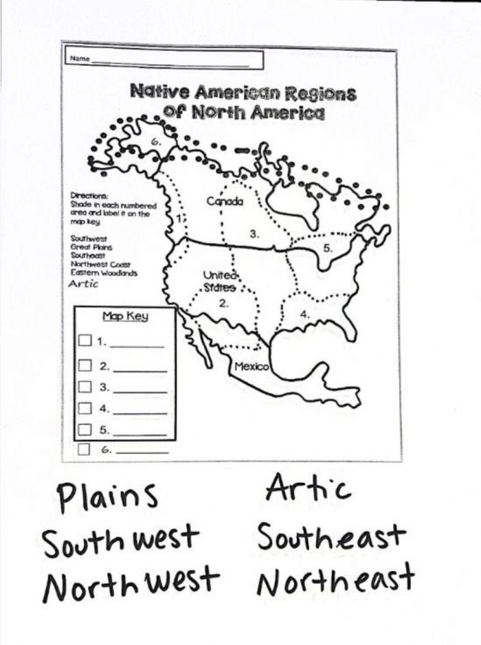 Third Grade Native American Cultures and Their Geographic Homelands Coloring Activity Map of Native American Cultural Areas showing regions where different tribes and nations lived with labeled geographical boundaries for third grade students to color and learn