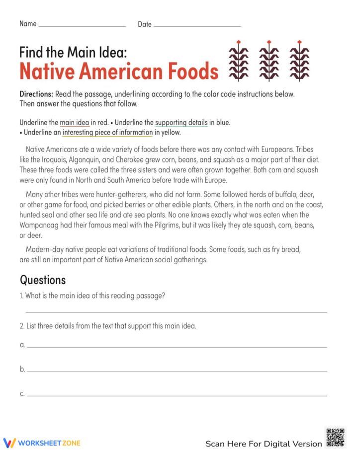 Worksheet illustrating Native American foods for identifying main ideas