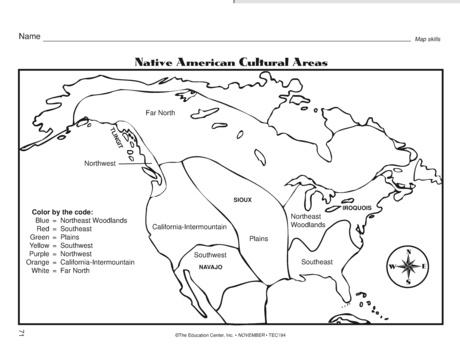 Native American Cultural Areas Map Activity for Elementary Students Third grade students learning about Native American cultural regions on an interactive coloring worksheet with geographic divisions
