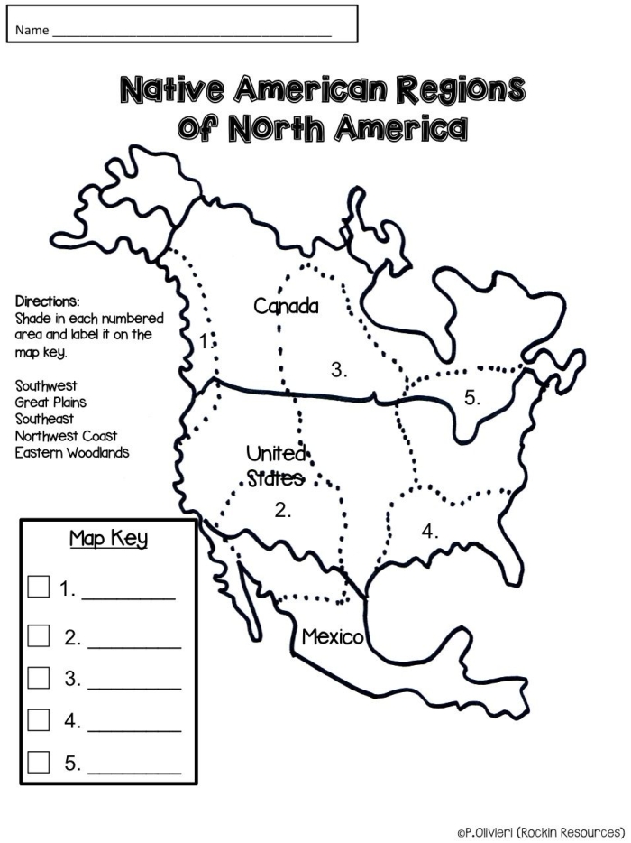 Third Grade Native American Cultures Geography Worksheet Activity 17 Map showing six Native American cultural regions with labeled areas for students to color and learn about indigenous peoples of North America