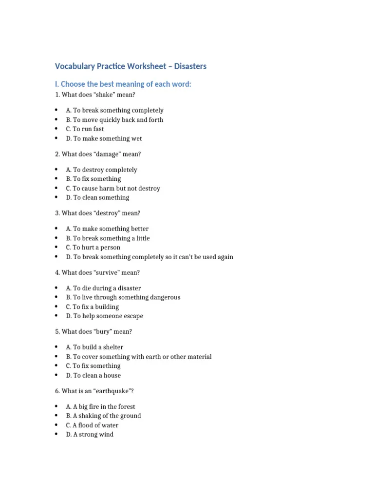 Master of Disaster Vocabulary Learning Activity for Elementary Science Third grade student completing a natural disaster vocabulary practice worksheet with word matching and fill-in-the-blank exercises