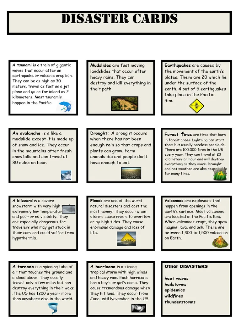 Master of Disaster Vocabulary Exercise 12 for Elementary Science Skills Third grade students learning natural disaster vocabulary words with illustrated examples on a practice worksheet