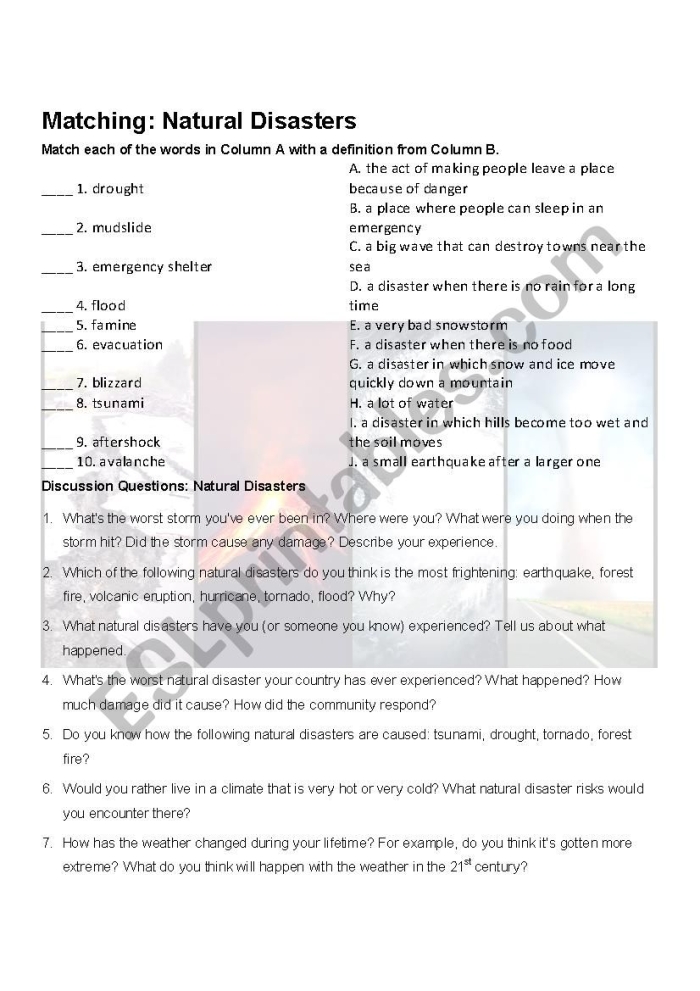 Master of Disaster vocabulary worksheet for third grade students 11 Third grade science worksheet featuring natural disaster vocabulary exercises for lesson 11