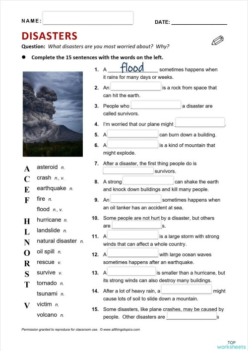 Natural Disasters Causes and Effects Worksheet Lesson 19 Fifth grade student identifying cause and effect relationships in a natural disasters reading passage