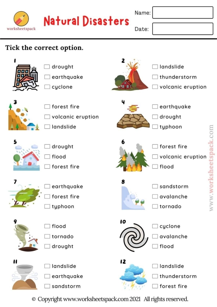 Educational resource for understanding natural disasters and their impacts Worksheet illustrating causes and effects of various natural disasters for fifth graders