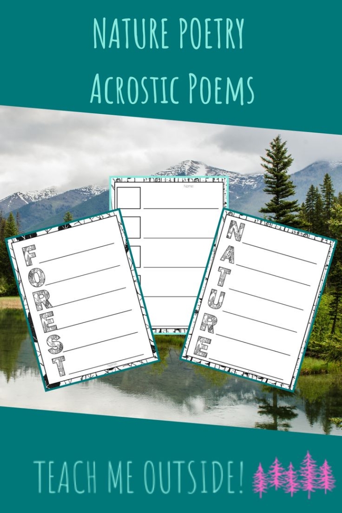 Grammar and Mechanics worksheet for Kindergarten Nature Walk Acrostic Poems worksheet for kindergarten students encouraging creativity in poetry. Educational resource illustrating how to write acrostic poems using provided words.