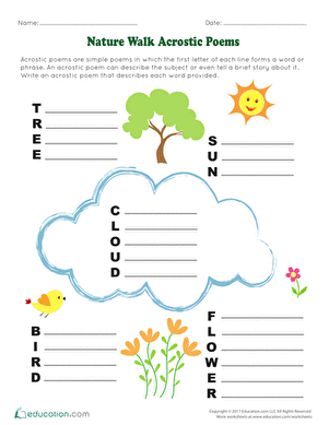 Nature Walk Acrostic Poems Worksheet for Young Writers Fun worksheet for kindergarteners to learn about acrostic poems during a nature walk activity