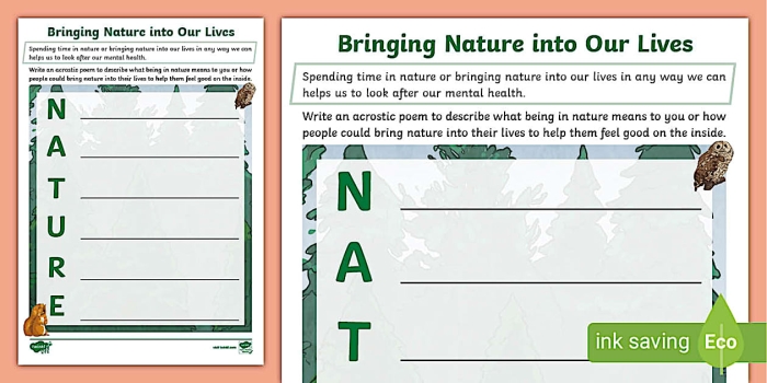 Grammar and Mechanics worksheet for Kindergarten Nature Walk Acrostic Poems worksheet for kindergarten students showcasing examples of acrostic poetry. Engaging activity sheet helping kids learn about acrostic poems and express creativity through writing.