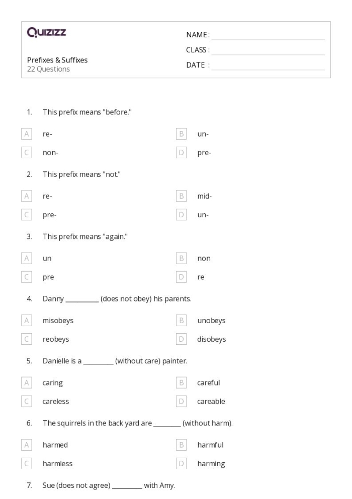 Prefixes: Negative Nancy - Third Grade Reading and Writing Practice Activity 8 Third grade student worksheet showing prefix exercises where children add negative prefixes to complete sentences about a character named Negative Nancy