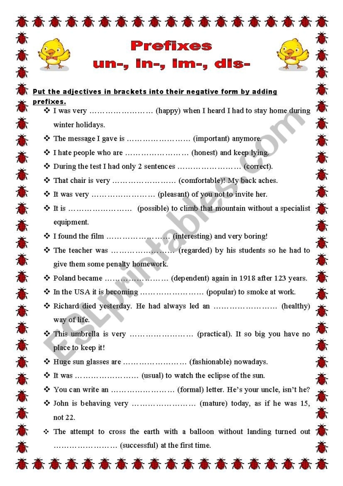 Prefixes Negative Nancy Reading and Writing Practice for Grade 3 Image 14 Third grade student worksheet showing prefix exercises with sentences about Negative Nancy character and word completion activities