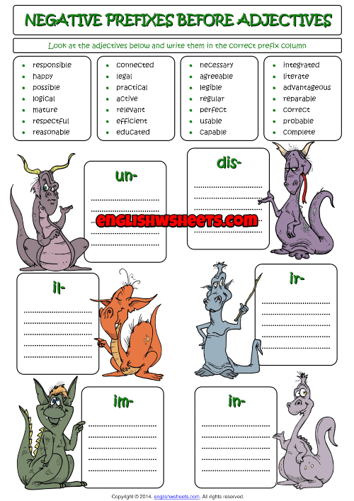 Prefixes Negative Nancy worksheet activity for elementary reading and writing practice Third grade students adding negative prefixes to words in sentences about a character named Negative Nancy