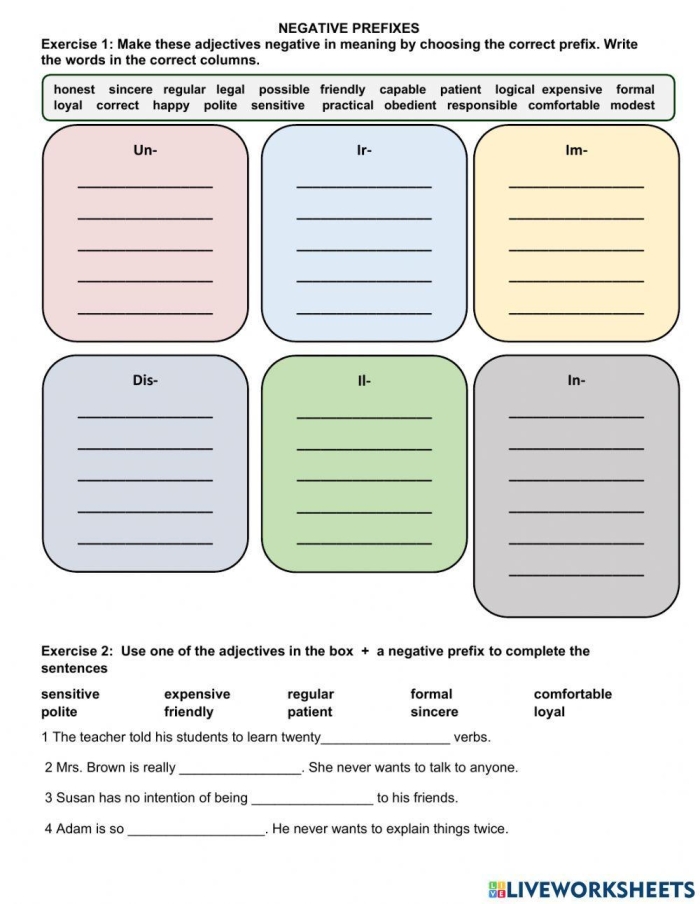 Prefixes Negative Nancy Grammar Practice for Elementary Learners Image 10 Third grade student worksheet showing prefix exercises with sentences about a character named Negative Nancy requiring students to add negative prefixes to complete the activity