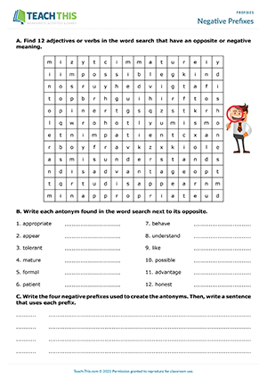 Prefixes Negative Nancy worksheet activity for teaching negative word prefixes to elementary students Third grade student completing a prefixes worksheet by adding negative prefixes to words in sentences about Negative Nancy