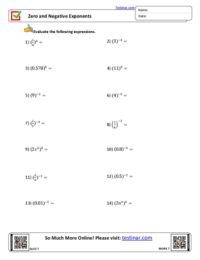 Negative and Zero Exponents Practice Worksheet 14 Eighth grade math worksheet focusing on solving expressions with negative and zero exponents