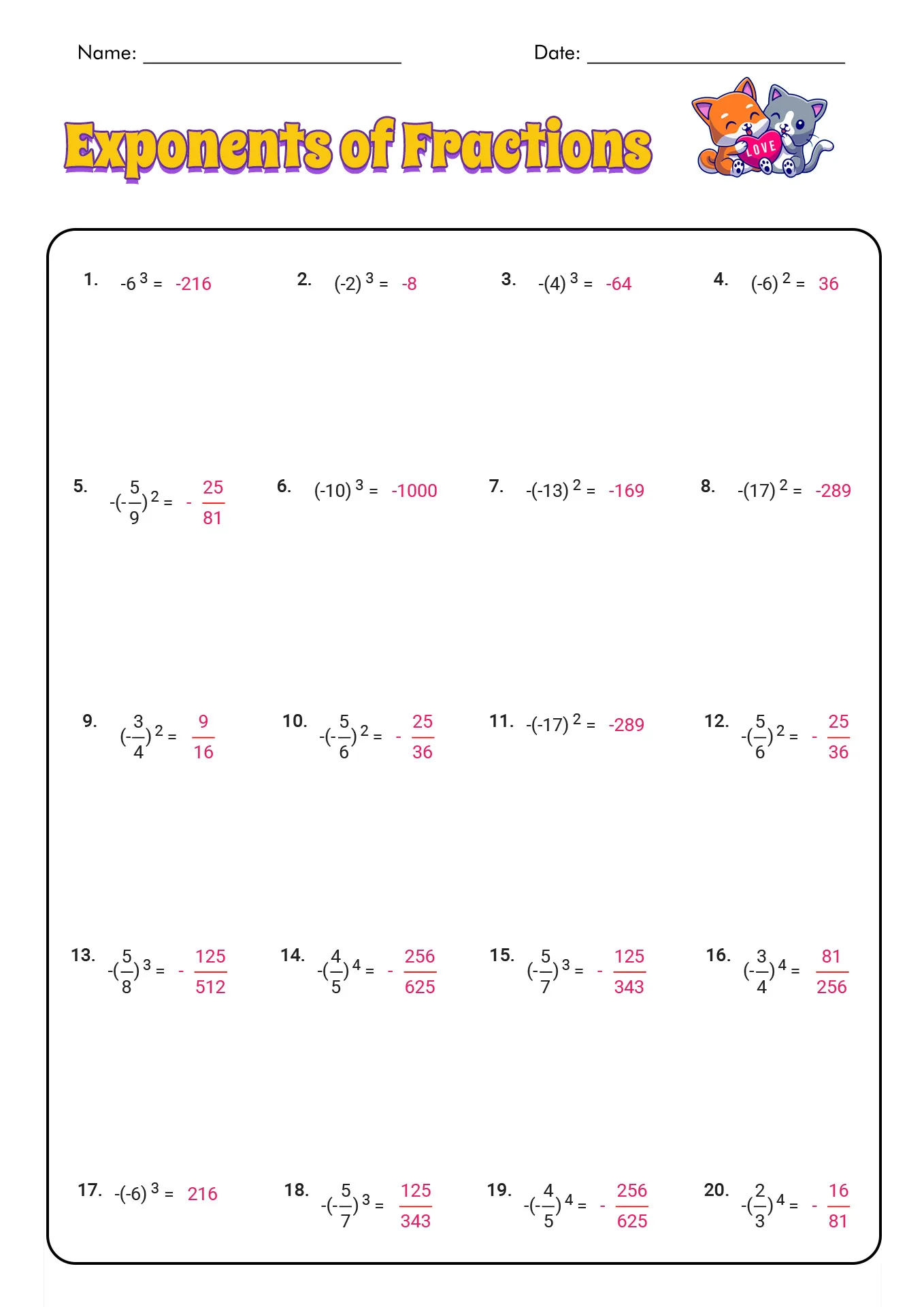 Negative and Zero Exponents Worksheet 21 Eighth grade math worksheet focusing on solving problems with negative and zero exponents