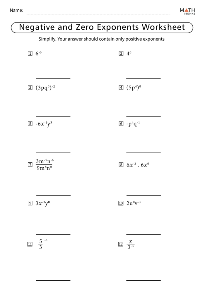 Negative and Zero Exponents Worksheet Practice for Eighth Grade Math 10 Eighth grade math worksheet focusing on solving expressions with negative and zero exponents
