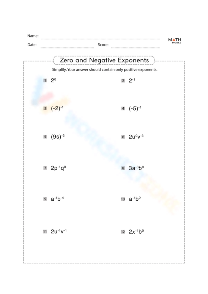Negative and Zero Exponents Worksheet 17 Eighth grade math worksheet featuring practice problems for negative and zero exponent properties