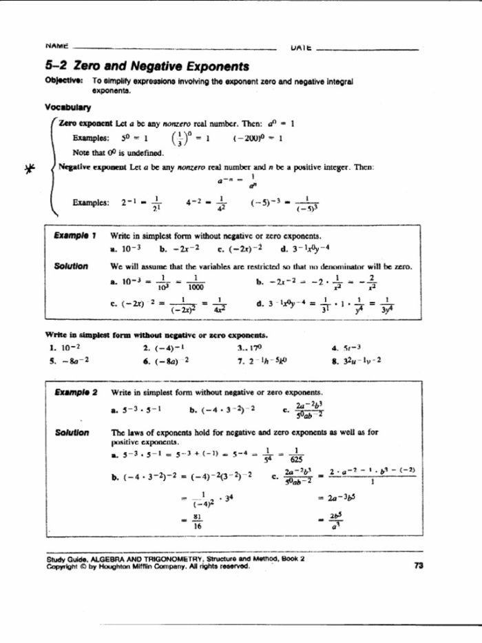 Educational resource for mastering Negative Exponent Property and Zero Exponent Property Worksheet featuring Negative and Zero Exponents concepts for eighth-grade students