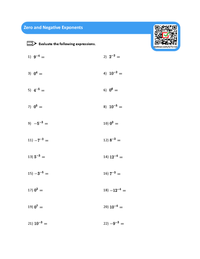 Negative Exponents and Zero Exponents educational resource for eighth graders Eighth-grade worksheet on Negative and Zero Exponents for math students