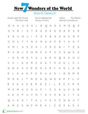 New 7 Wonders Word Search worksheet designed for second graders to discover world wonders