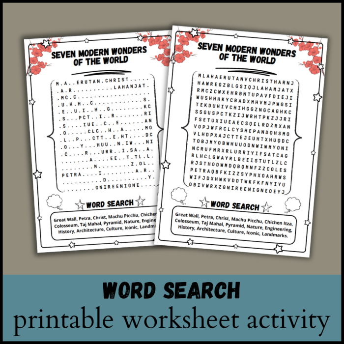 New 7 Wonders of the World word search worksheet for second graders