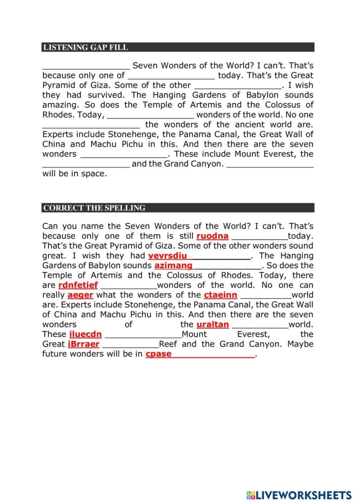 New 7 Wonders Word Search worksheet for second graders to enhance vocabulary and learning. Fun and educational activity to discover the New 7 Wonders of the World.
