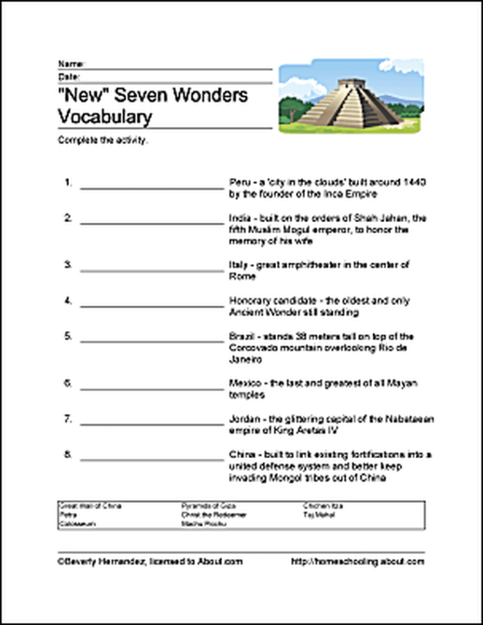 New 7 Wonders Word Search worksheet for second graders to learn about global landmarks