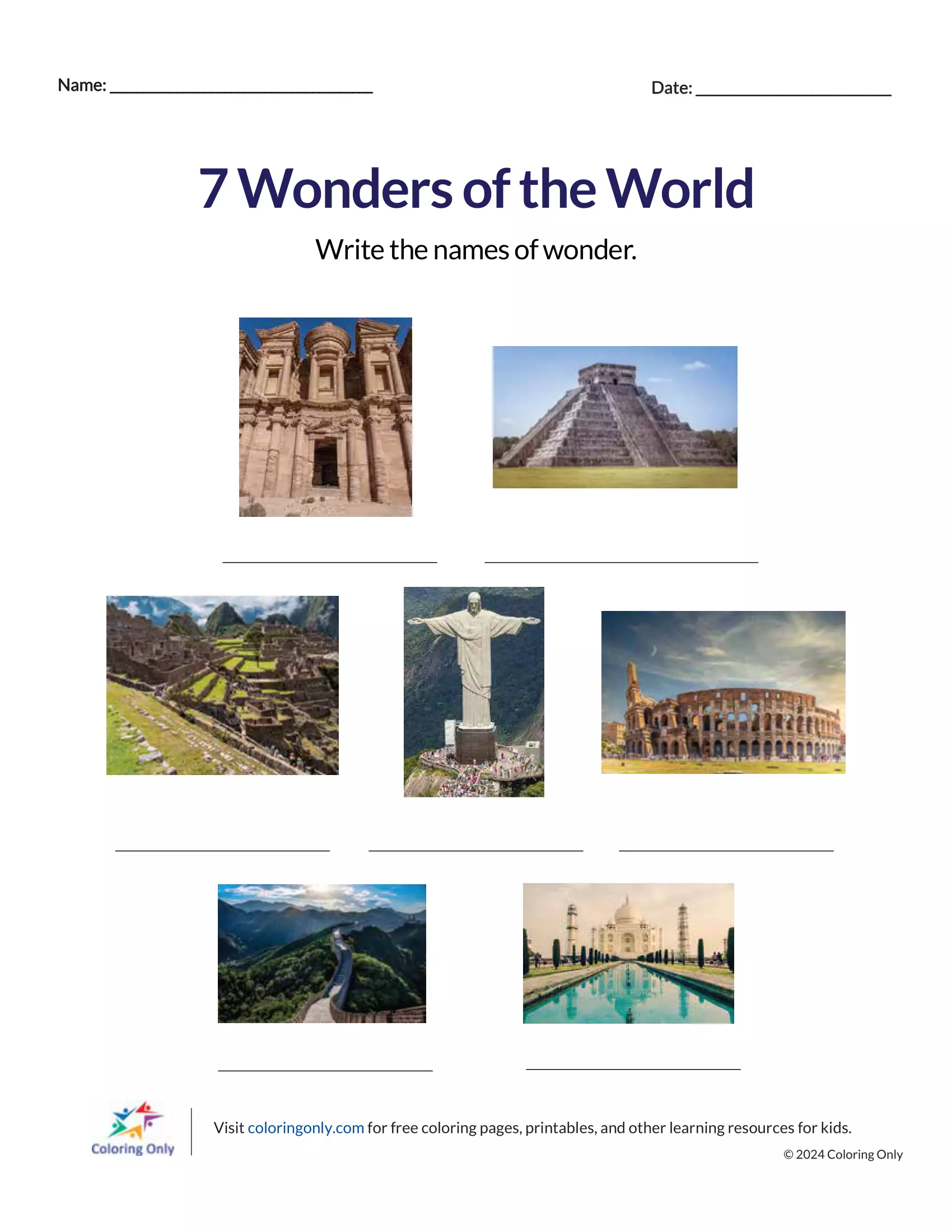 New 7 Wonders of the World word search worksheet for second graders